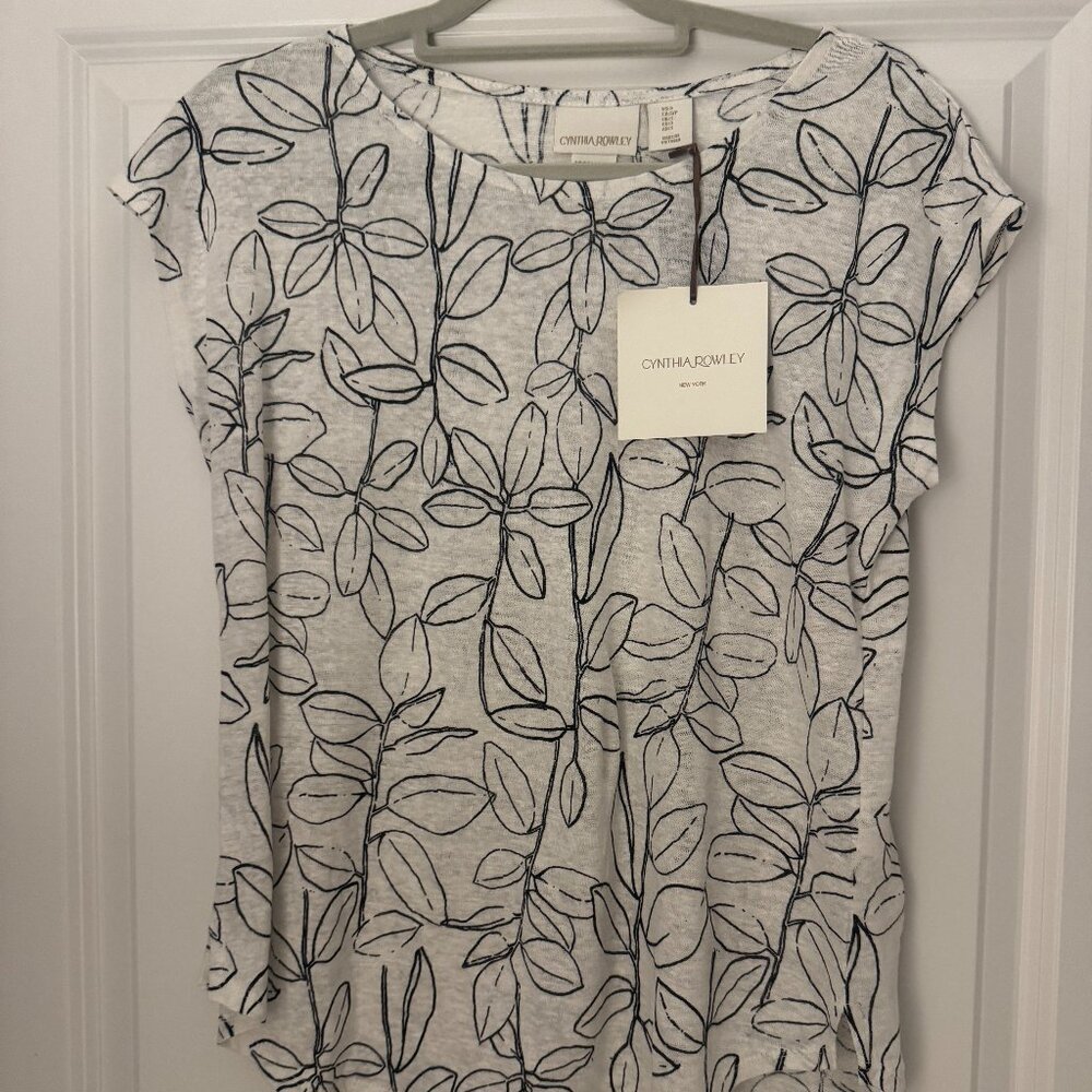 NWT - Cynthia Rowley 100% Linen White Blouse - Black Leaf Print - Size S